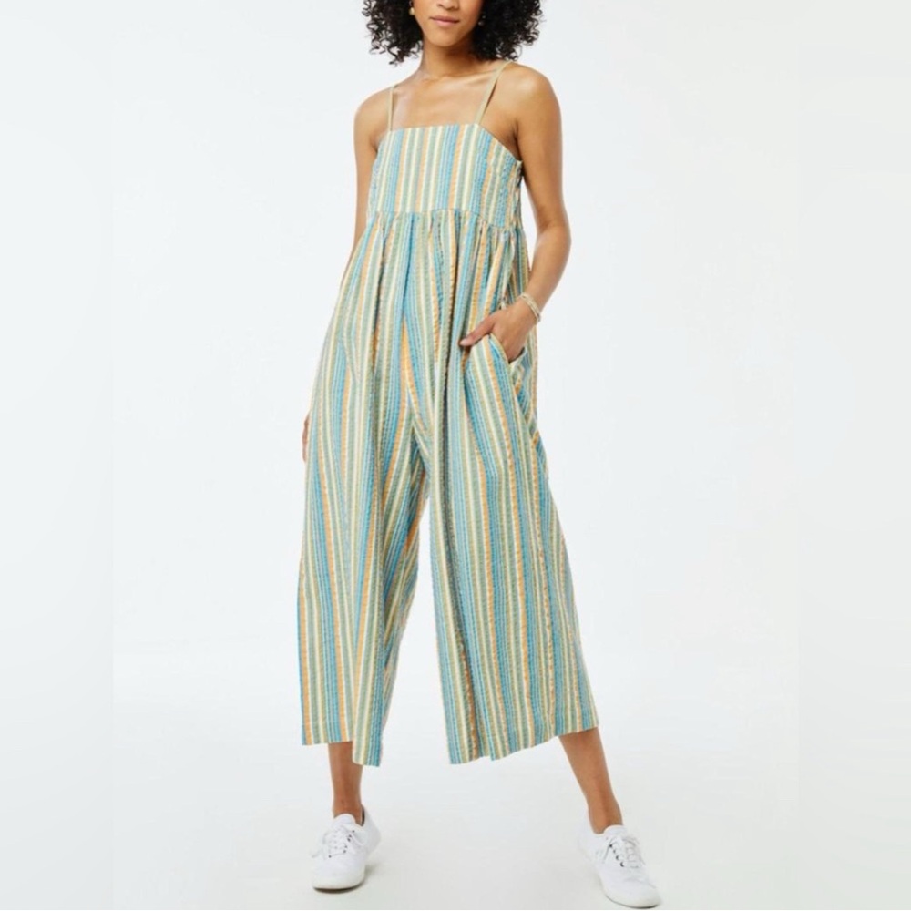 Roller Rabbit Seersucker Devon Wide Leg Jumpsuit in Rainbow Stripe Medium